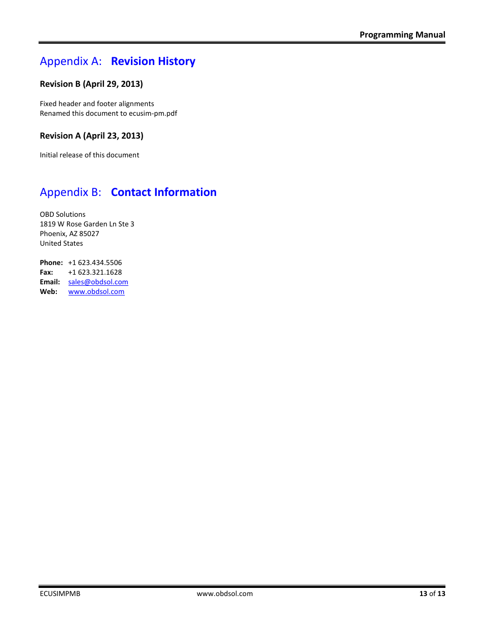 Revision history appendix a, Contact information appendix b | ScanTool 5100 ECUsim User Manual | Page 13 / 13