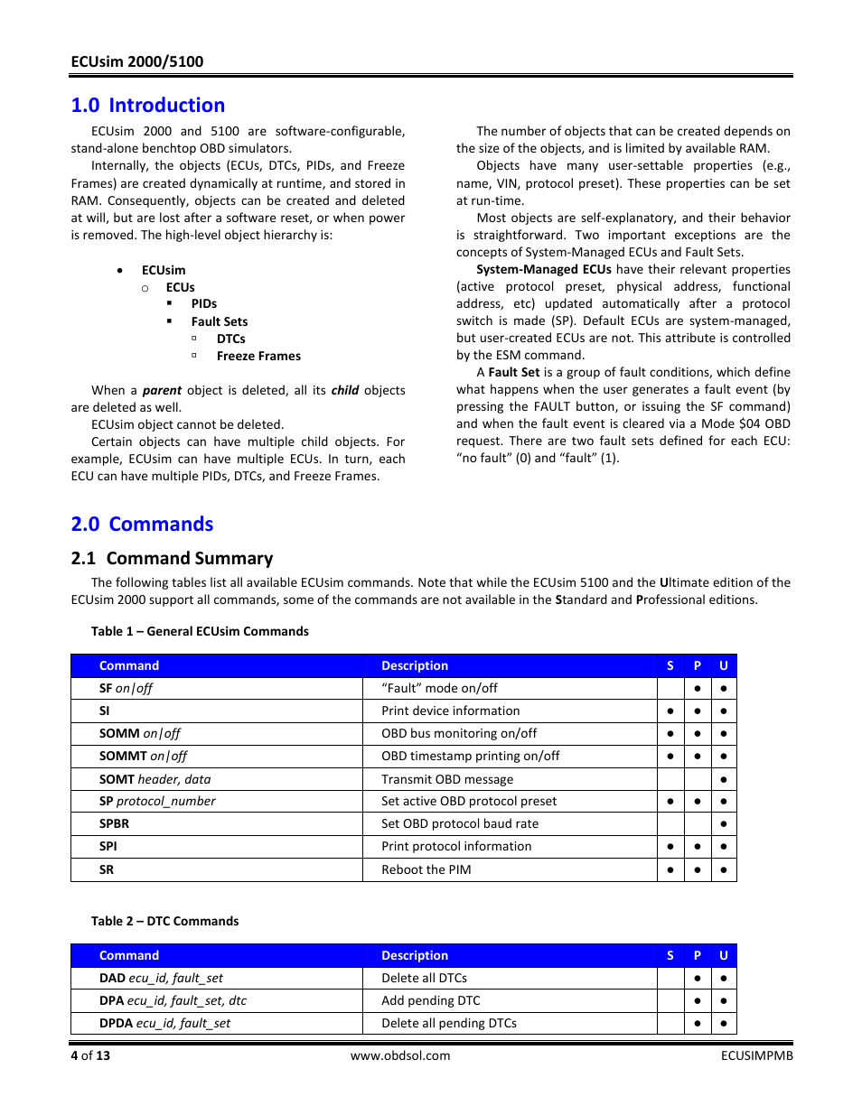 0 introduction, 0 commands, 1 command summary | Introduction, Commands, Command summary | ScanTool 5100 ECUsim User Manual | Page 4 / 13