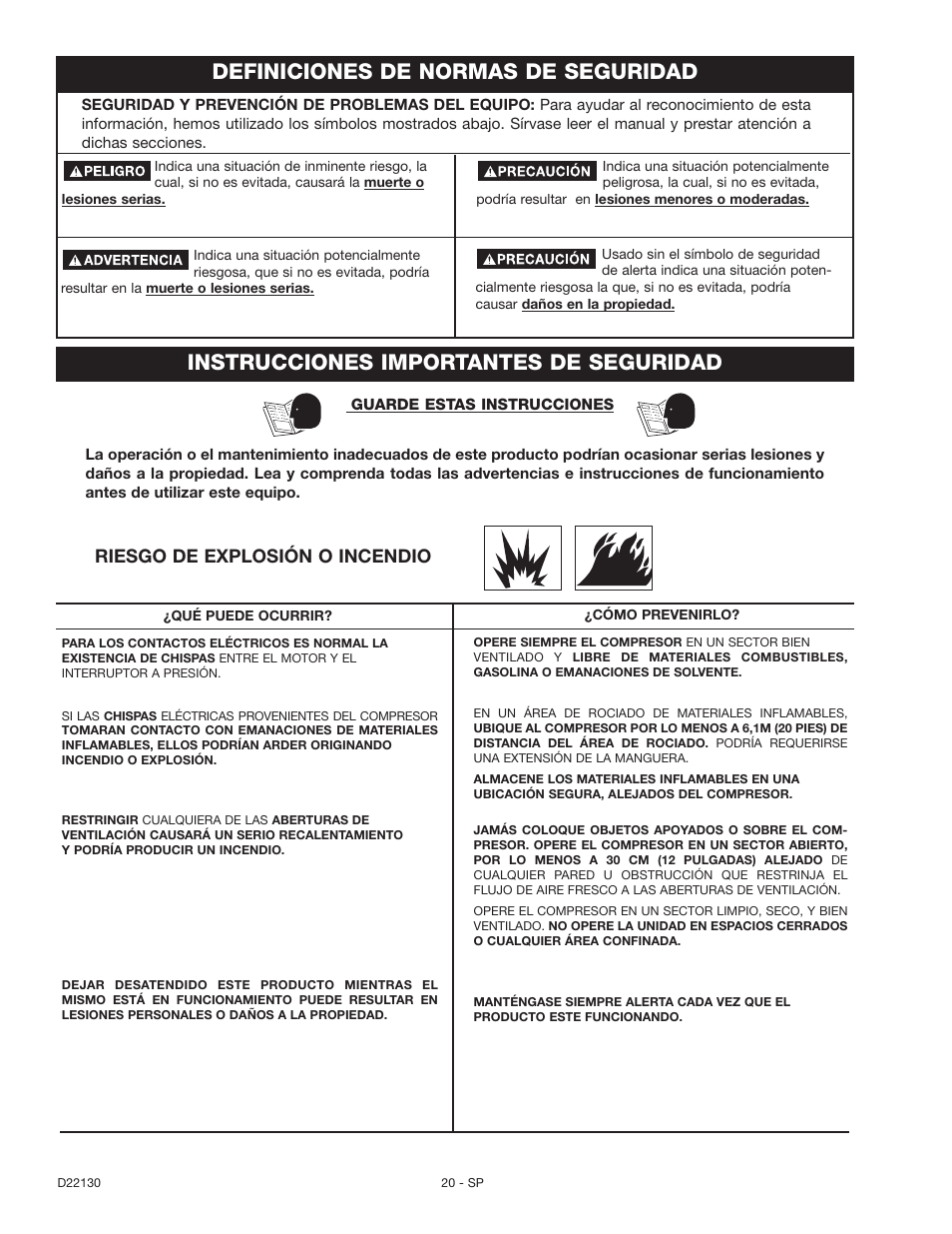 Definiciones de normas de seguridad, Instrucciones importantes de seguridad, Riesgo de explosión o incendio | Craftsman 919.16778 User Manual | Page 20 / 36