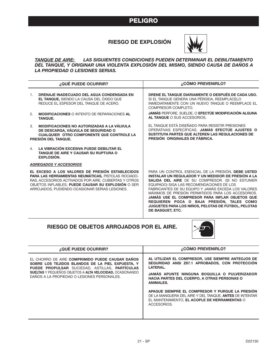 Peligro, Riesgo de explosión, Riesgo de objetos arrojados por el aire | Craftsman 919.16778 User Manual | Page 21 / 36