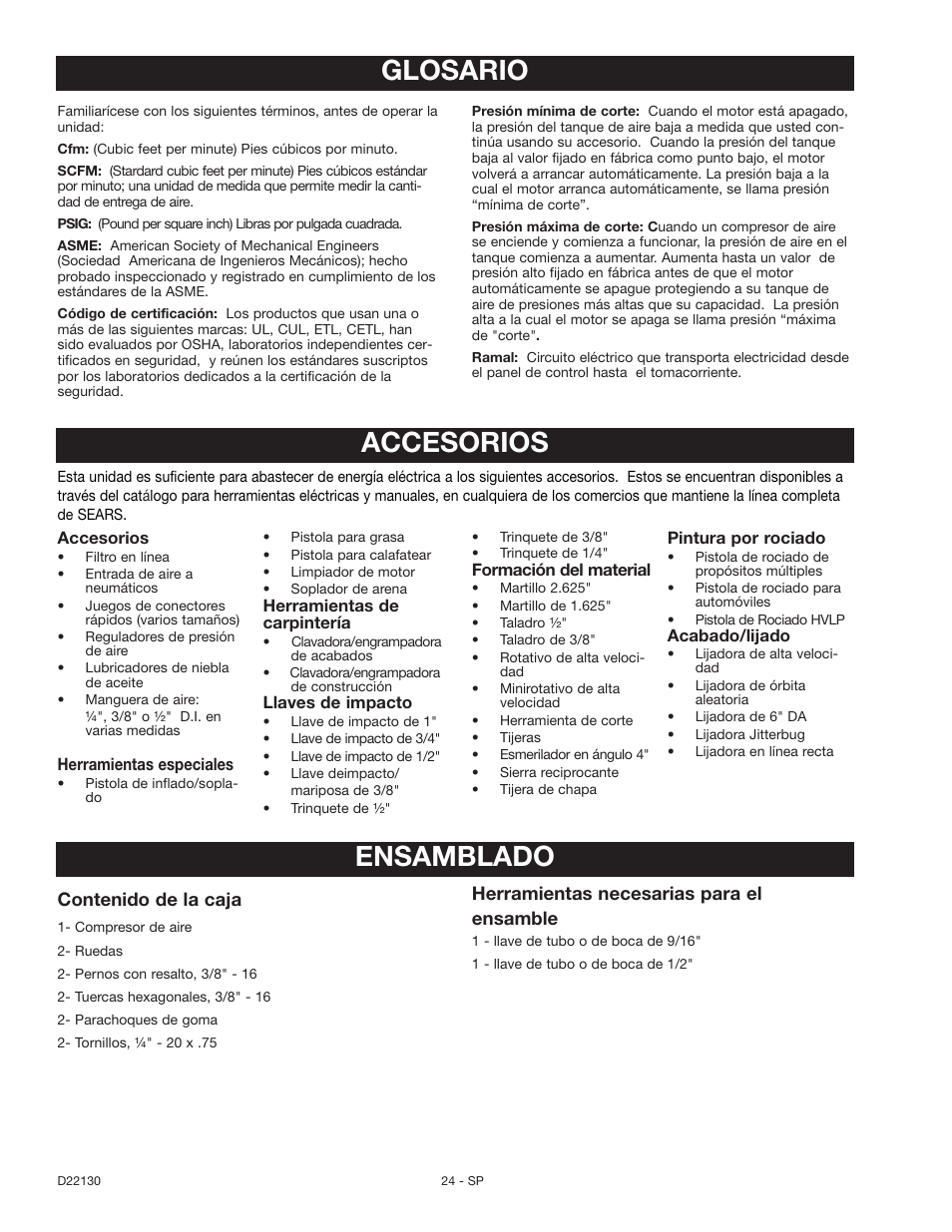 Ensamblado, Glosario, Accesorios | Craftsman 919.16778 User Manual | Page 24 / 36
