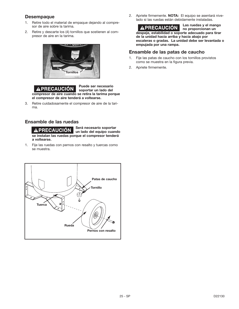 Ensamble de las ruedas, Desempaque, Ensamble de las patas de caucho | Craftsman 919.16778 User Manual | Page 25 / 36