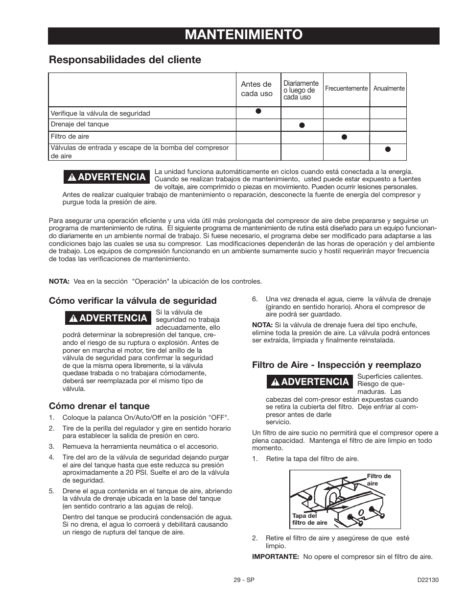 Mantenimiento, Responsabilidades del cliente | Craftsman 919.16778 User Manual | Page 29 / 36