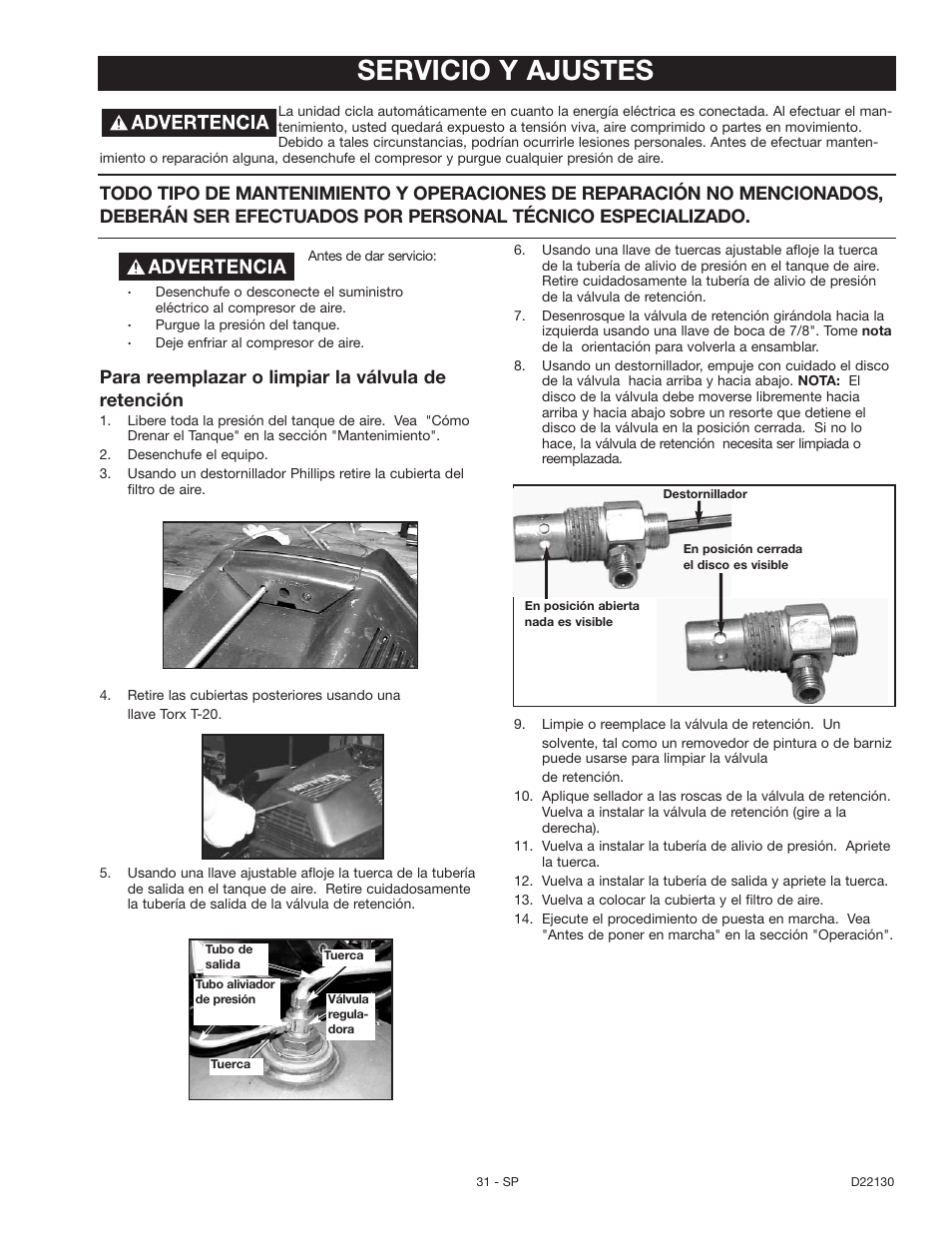 Servicio y ajustes, Para reemplazar o limpiar la válvula de retención | Craftsman 919.16778 User Manual | Page 31 / 36