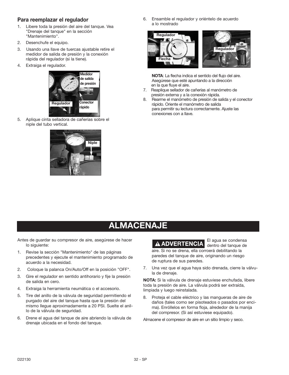 Almacenaje, Para reemplazar el regulador | Craftsman 919.16778 User Manual | Page 32 / 36