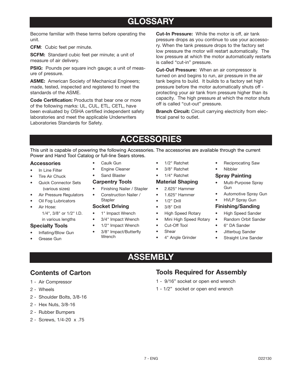 Assembly, Glossary, Accessories | Contents of carton, Tools required for assembly | Craftsman 919.16778 User Manual | Page 7 / 36