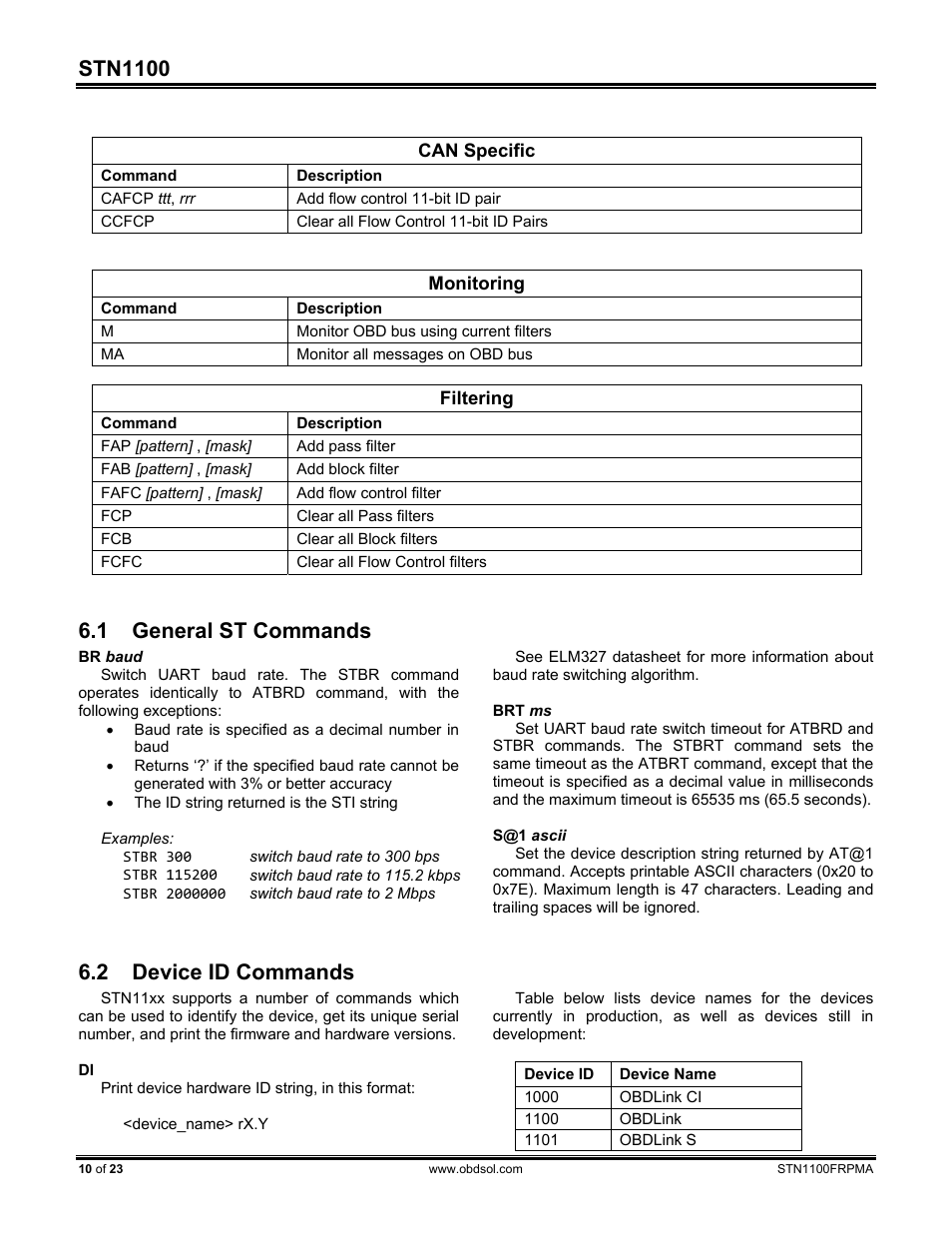 1 general st commands, 2 device id commands, General st commands | Device id commands, Stn1100 | ScanTool STN1100 FRPM User Manual | Page 10 / 23