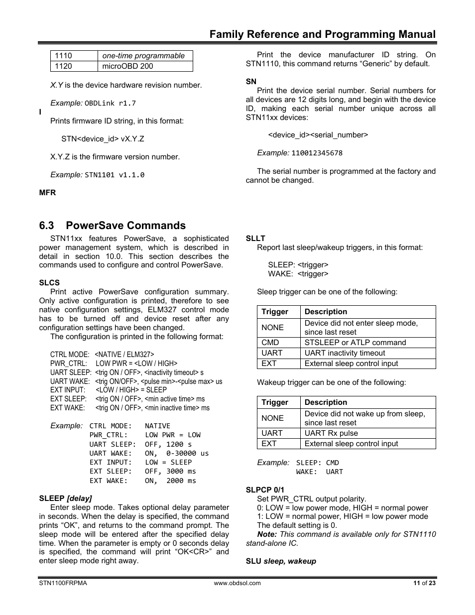 3 powersave commands, Powersave commands, Family reference and programming manual | ScanTool STN1100 FRPM User Manual | Page 11 / 23