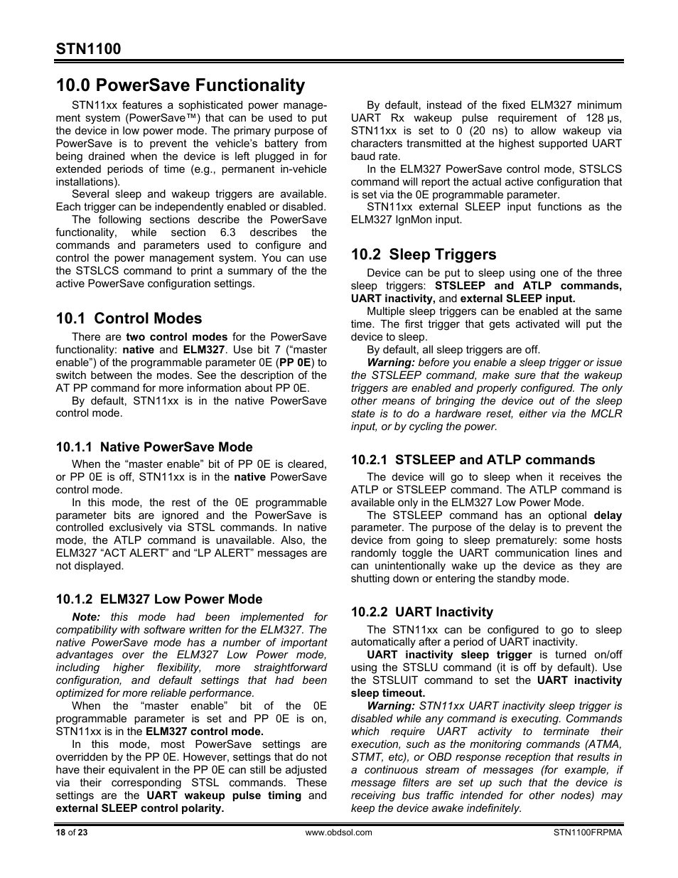 0 powersave functionality, 1 control modes, 1 native powersave mode | 2 elm327 low power mode, 2 sleep triggers, 1 stsleep and atlp commands, 2 uart inactivity, Powersave functionality, Control modes, Native powersave mode | ScanTool STN1100 FRPM User Manual | Page 18 / 23