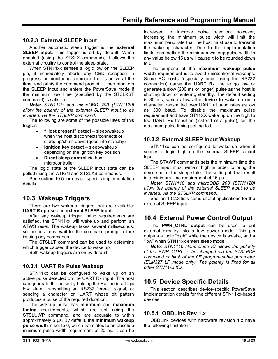 3 external sleep input, 3 wakeup triggers, 1 uart rx pulse wakeup | 2 external sleep input wakeup, 4 external power control output, 5 device specific details, 1 obdlink rev 1.x, External sleep input, Wakeup triggers, Uart rx pulse wakeup | ScanTool STN1100 FRPM User Manual | Page 19 / 23