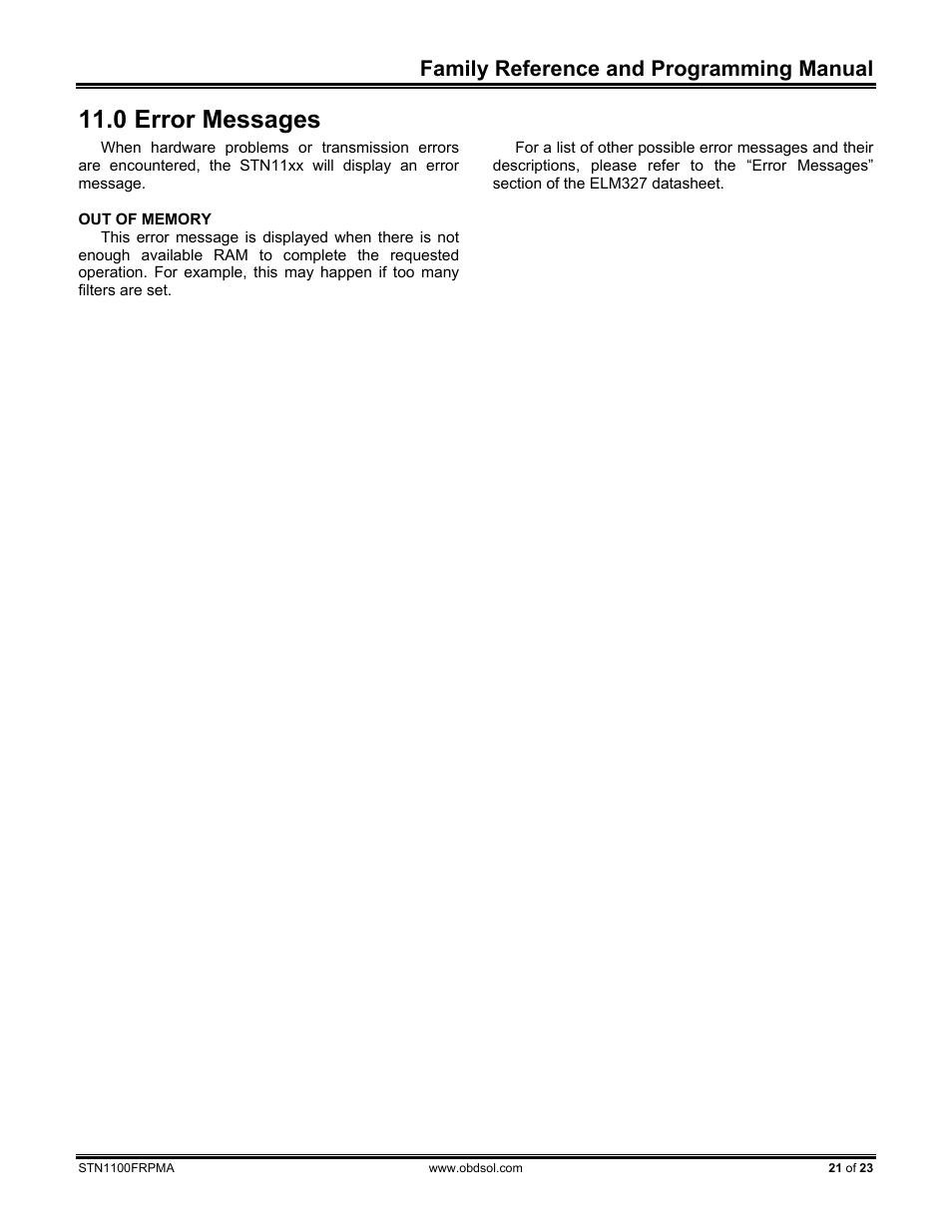 0 error messages, Error messages, Family reference and programming manual | ScanTool STN1100 FRPM User Manual | Page 21 / 23