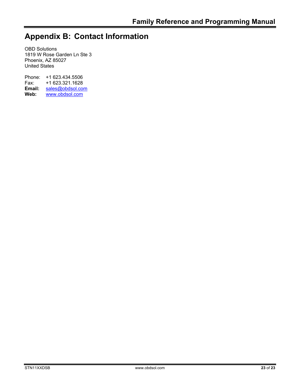 Appendix b, Contact information, Appendix b: contact information | Family reference and programming manual | ScanTool STN1100 FRPM User Manual | Page 23 / 23