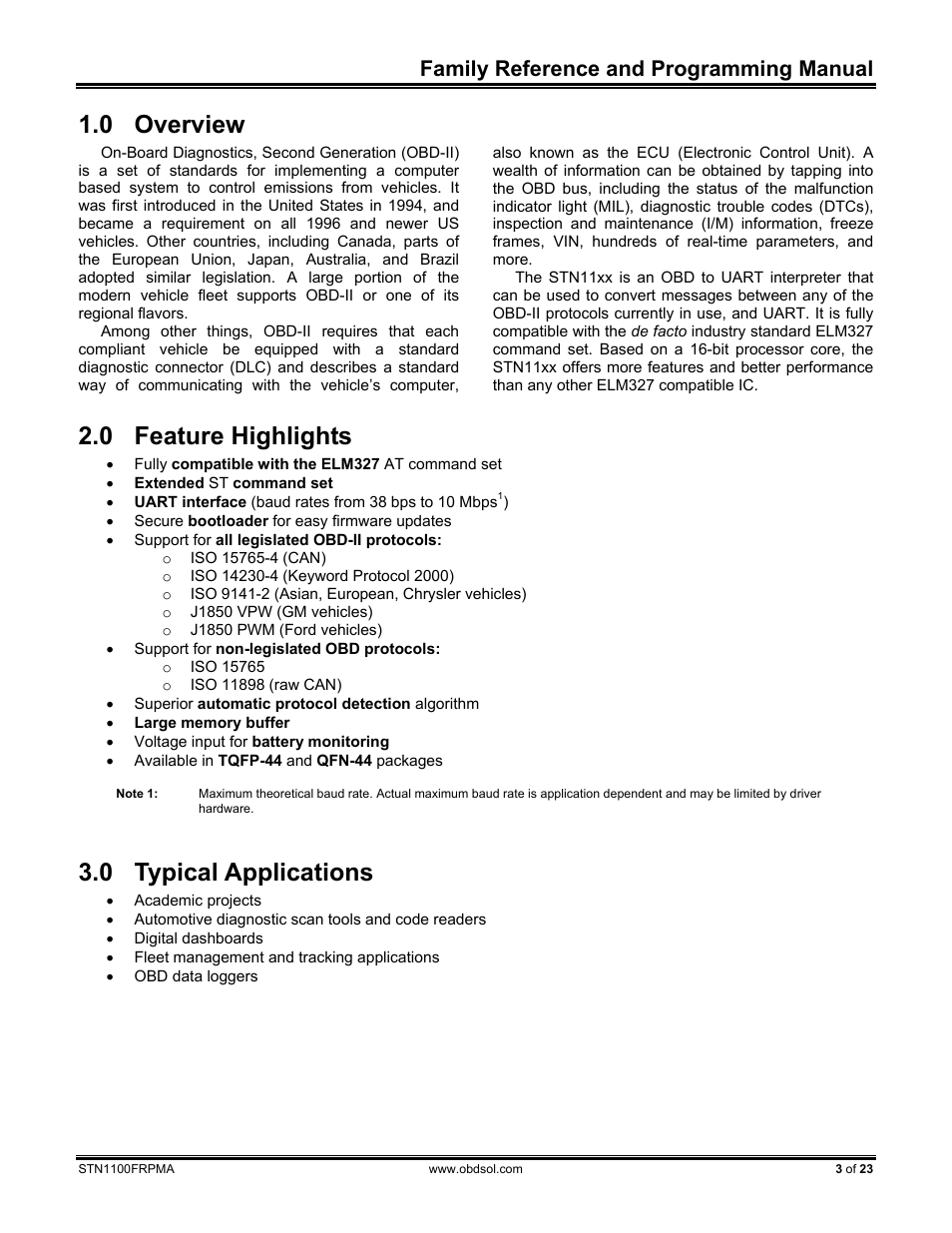 0 overview, 0 feature highlights, 0 typical applications | Overview, Feature highlights, Typical applications, Family reference and programming manual | ScanTool STN1100 FRPM User Manual | Page 3 / 23