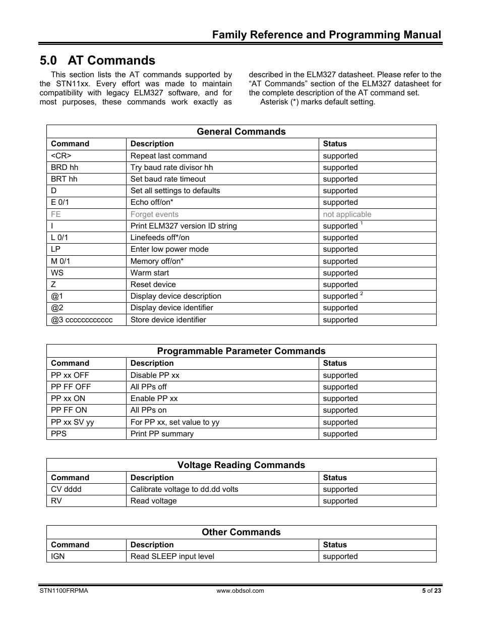 0 at commands, At commands, Family reference and programming manual | ScanTool STN1100 FRPM User Manual | Page 5 / 23
