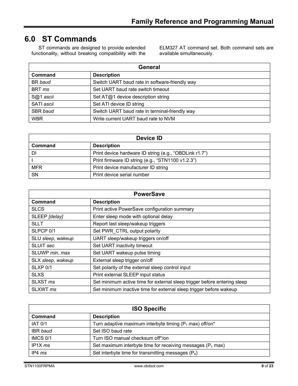 0 st commands, St commands, Family reference and programming manual | ScanTool STN1100 FRPM User Manual | Page 9 / 23