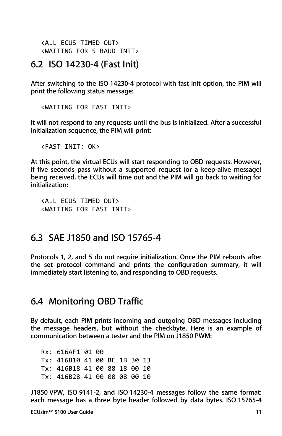 Iso 14230-4 (fast init), Sae j1850 and iso 15765-4, Monitoring obd traffic | 4 monitoring obd traffic | ScanTool 5100 ECUsim User Manual | Page 11 / 22
