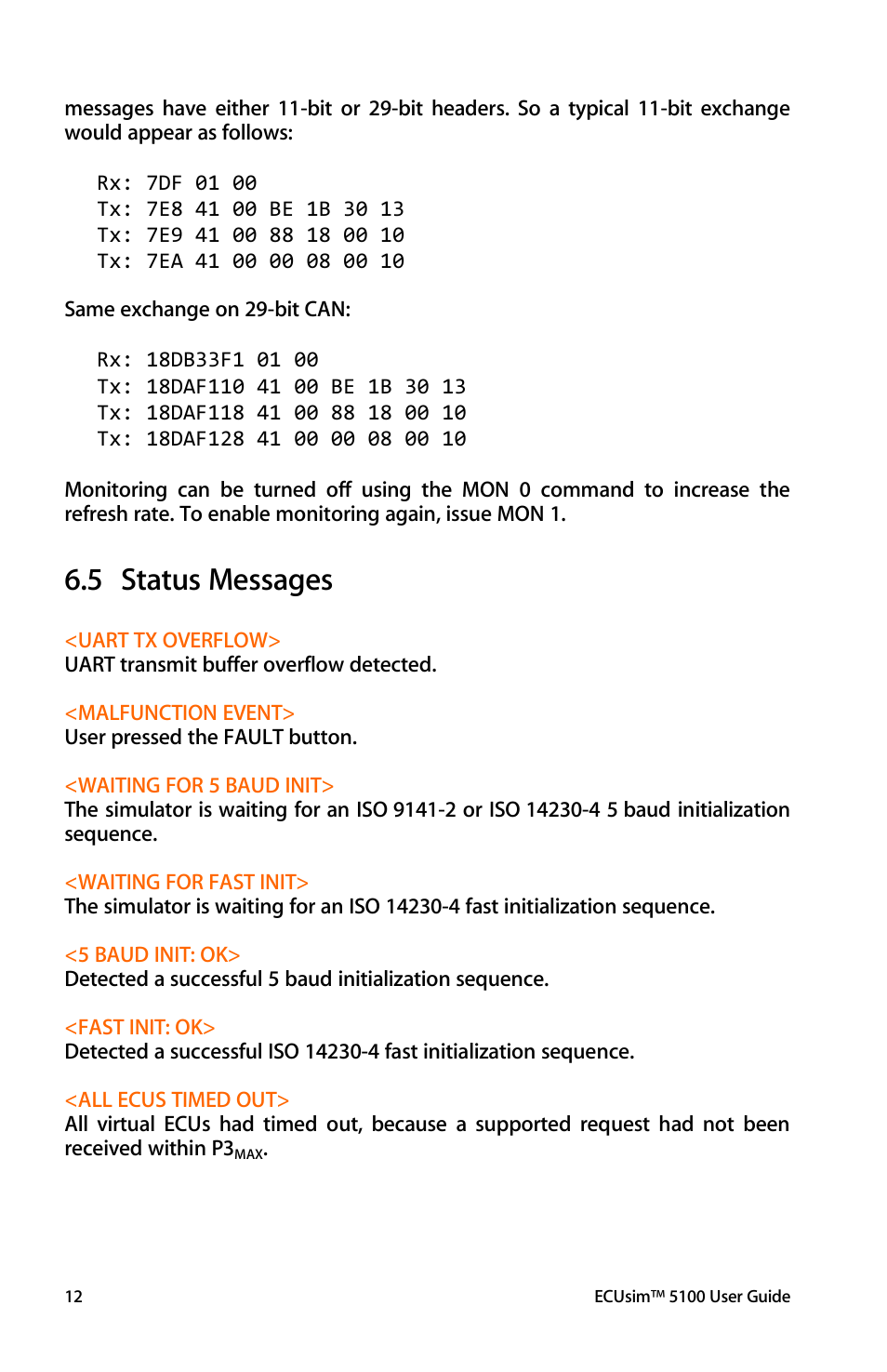 Status messages, 5 status messages | ScanTool 5100 ECUsim User Manual | Page 12 / 22