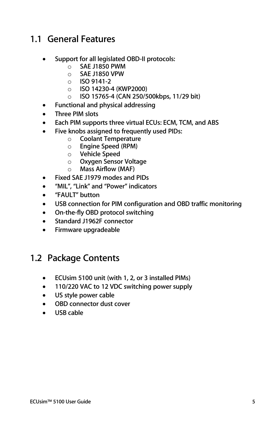 General features, Package contents, 1 general features | 2 package contents | ScanTool 5100 ECUsim User Manual | Page 5 / 22