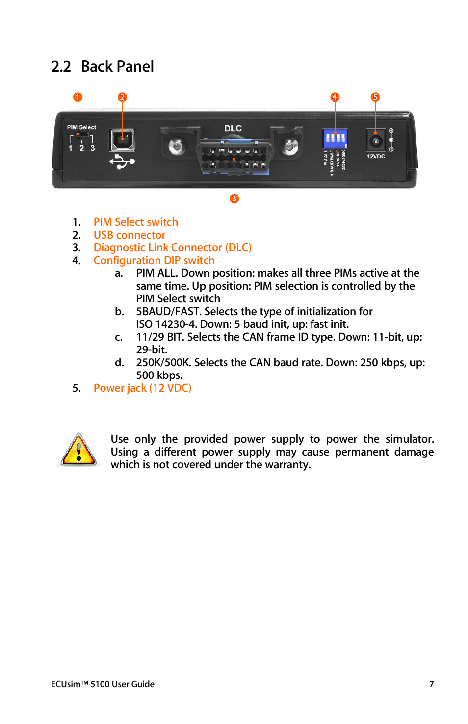 Back panel, 2 back panel | ScanTool 5100 ECUsim User Manual | Page 7 / 22