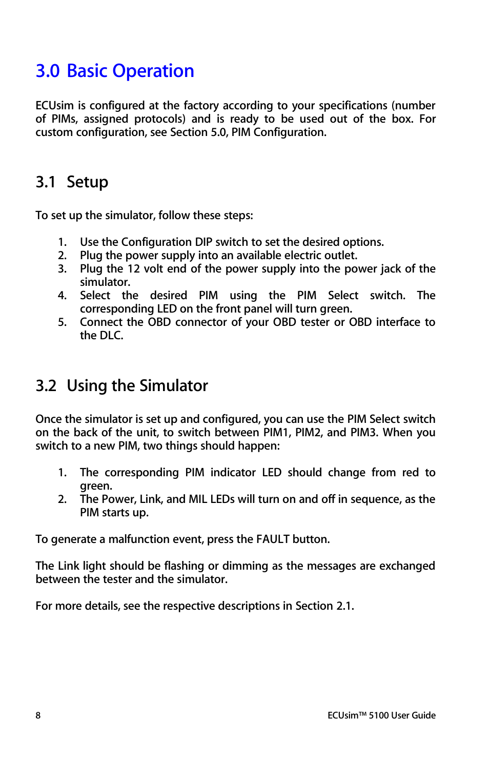 Basic operation, Setup, Using the simulator | 0 basic operation, 1 setup, 2 using the simulator | ScanTool 5100 ECUsim User Manual | Page 8 / 22