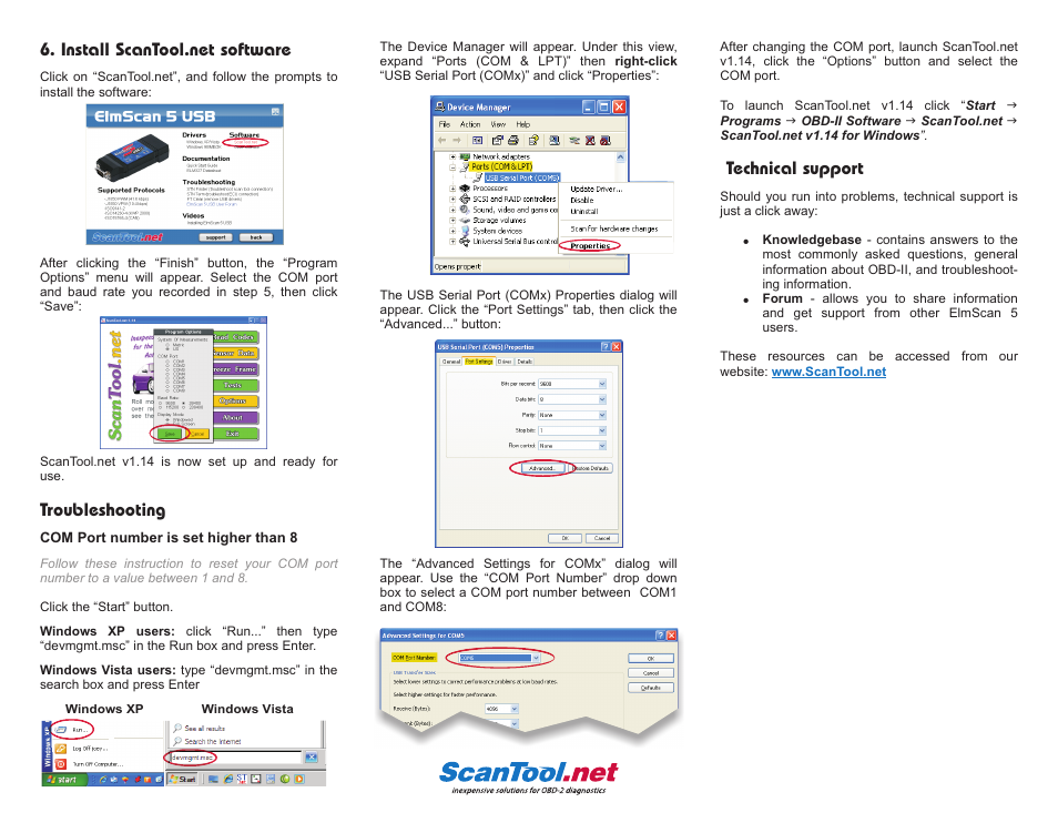 Technical support, Troubleshooting | ScanTool 5 USB ElmScan User Manual | Page 2 / 2