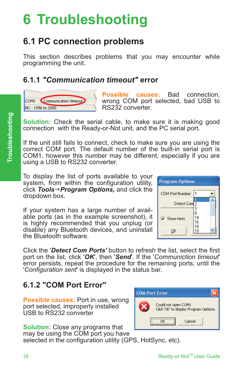 6 troubleshooting, 1 pc connection problems | ScanTool Ready-or-Not User Manual | Page 16 / 20