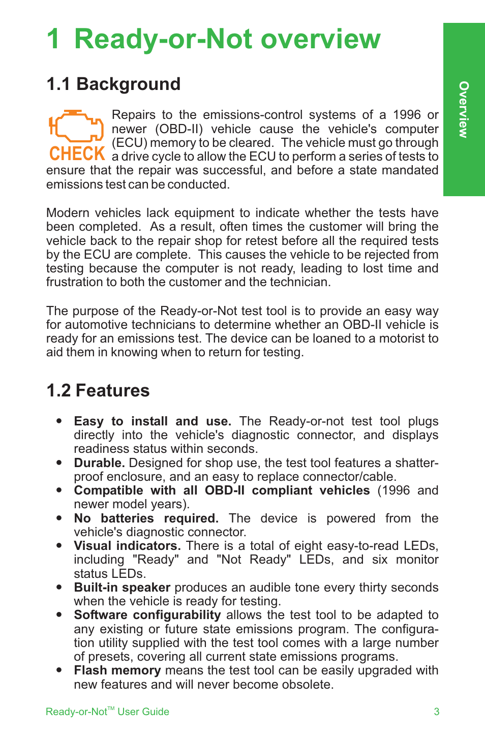 1 ready-or-not overview, Check, 1 background | 2 features | ScanTool Ready-or-Not User Manual | Page 3 / 20