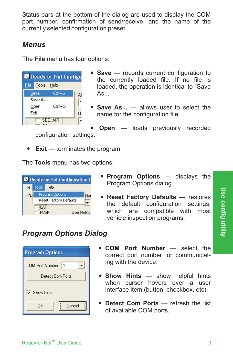 Menus program options dialog | ScanTool Ready-or-Not User Manual | Page 9 / 20