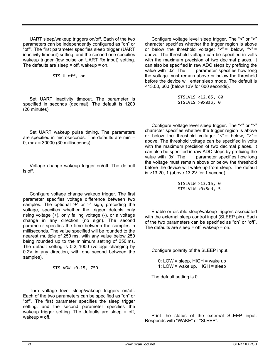 Slu sleep, wakeup, Sluit sec, Sluwp min, max | Slvg on|off, Slvgw [+|-]volts, ms, Slvl sleep, wakeup, Slvls <|> volts|0xhhh, sec, Slvlw <|> volts|0xhhh, sec, Slx sleep, wakeup, Slxp 0|1 | ScanTool STN11xx User Manual | Page 12 / 13
