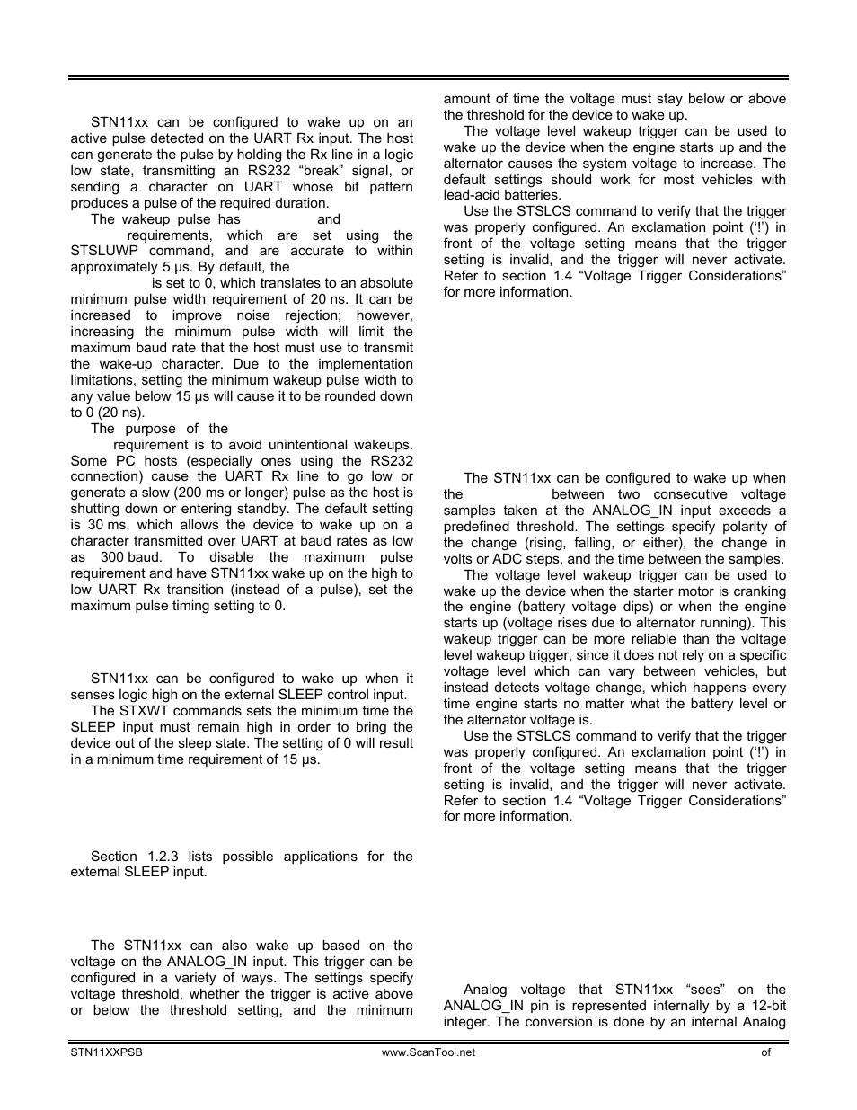 1 uart rx pulse wakeup, 2 external sleep input wakeup, 3 voltage level wakeup | 4 voltage change wakeup, 4 voltage trigger considerations, Uart rx pulse wakeup, External sleep input wakeup, Voltage level wakeup, Voltage change wakeup, Voltage trigger considerations | ScanTool STN11xx User Manual | Page 5 / 13