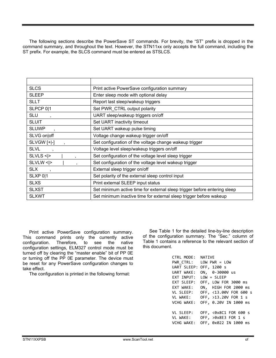 0 powersave st commands, 1 command summary, 2 command descriptions | Slcs, Powersave st commands, Command summary, Command descriptions, Stslcs c, Stn11xx powersave | ScanTool STN11xx User Manual | Page 9 / 13