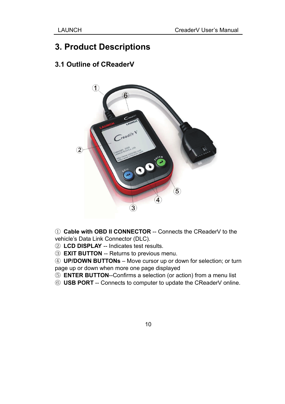 Product descriptions, 1 outline of creaderv, Utline of | Eader | ScanTool Launch CReader User Manual | Page 16 / 47