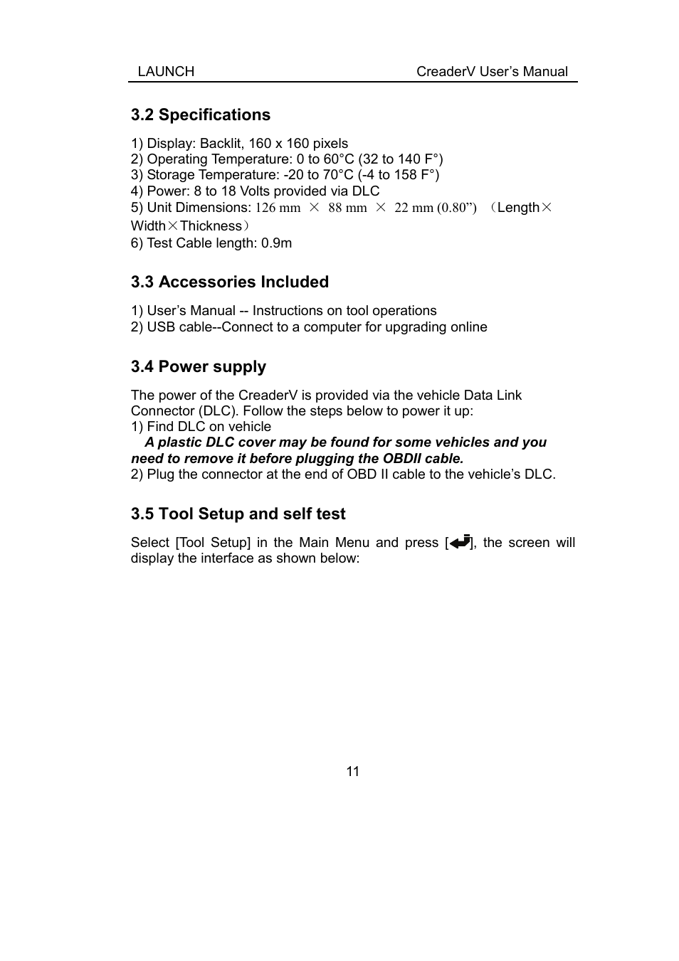 2 specifications, 3 accessories included, 4 power supply | 5 tool setup and self test, Pecifications, Ccessories, Ncluded, Ower supply, Etup and self test | ScanTool Launch CReader User Manual | Page 17 / 47