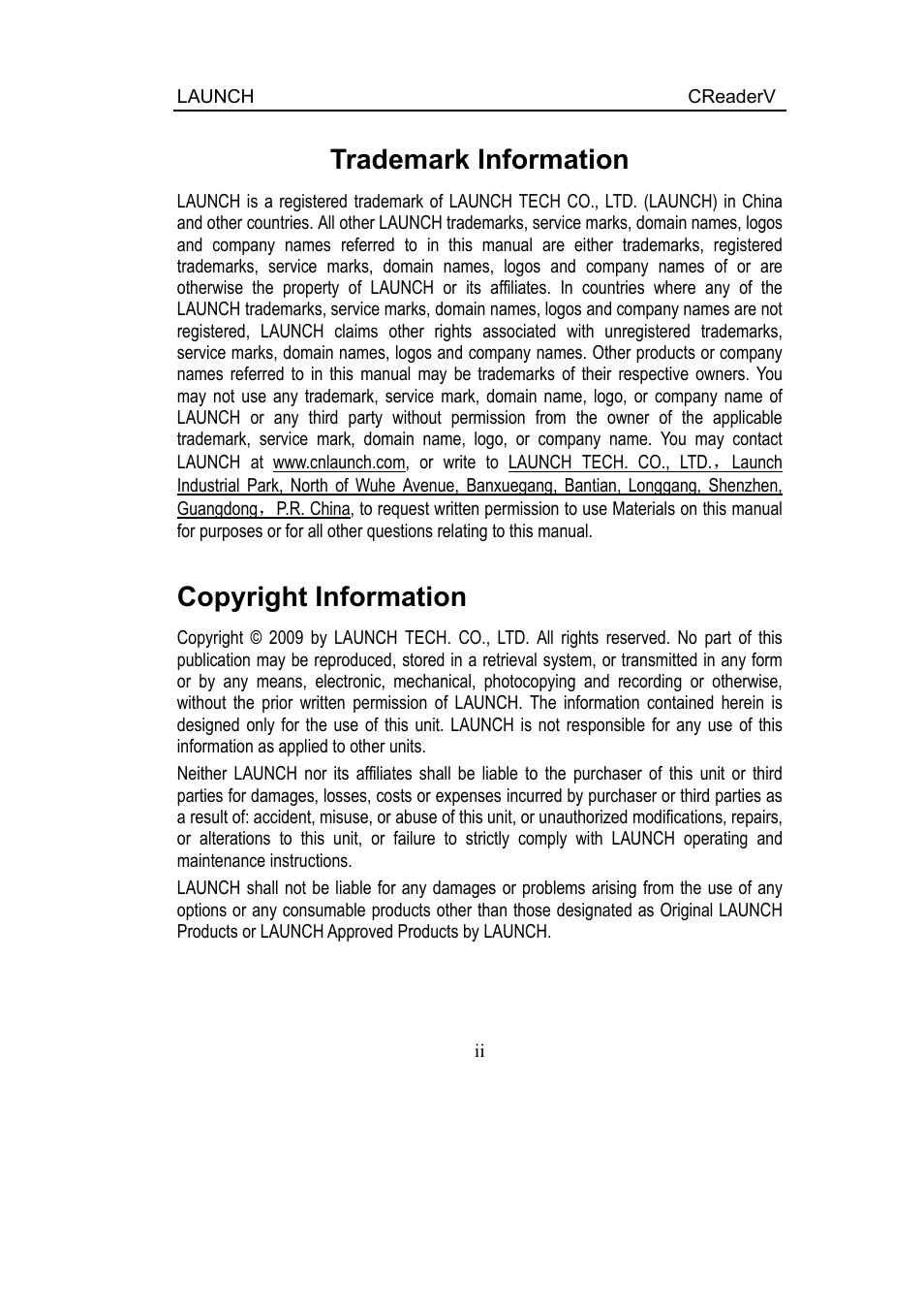 Trademark information, Copyright information | ScanTool Launch CReader User Manual | Page 2 / 47