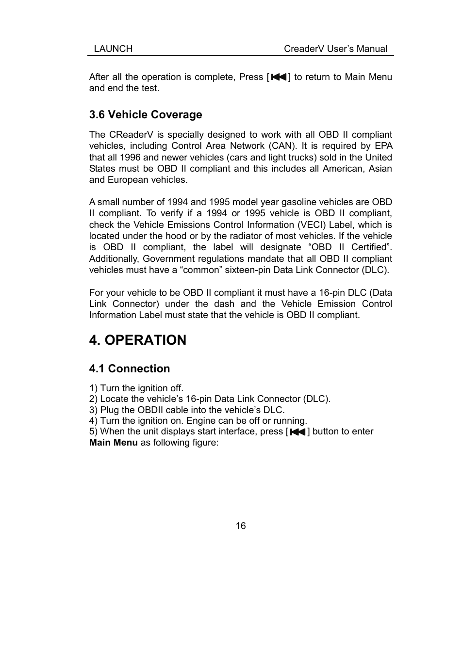 6 vehicle coverage, Operation, 1 connection | Ehicle, Overage, Onnection | ScanTool Launch CReader User Manual | Page 22 / 47
