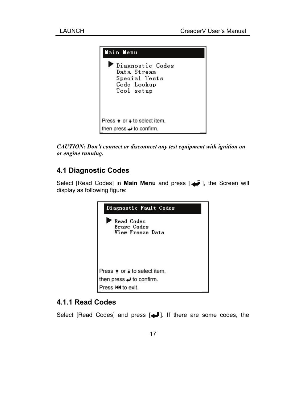1 diagnostic codes, 1 read codes, Iagnostic | Odes | ScanTool Launch CReader User Manual | Page 23 / 47