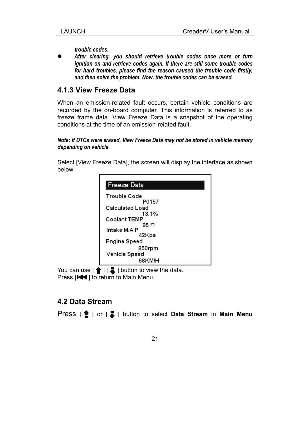 3 view freeze data, 2 data stream, Tream | ScanTool Launch CReader User Manual | Page 27 / 47