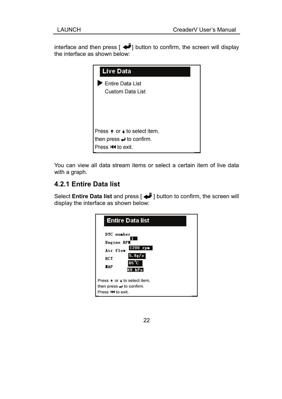 1 entire data list | ScanTool Launch CReader User Manual | Page 28 / 47