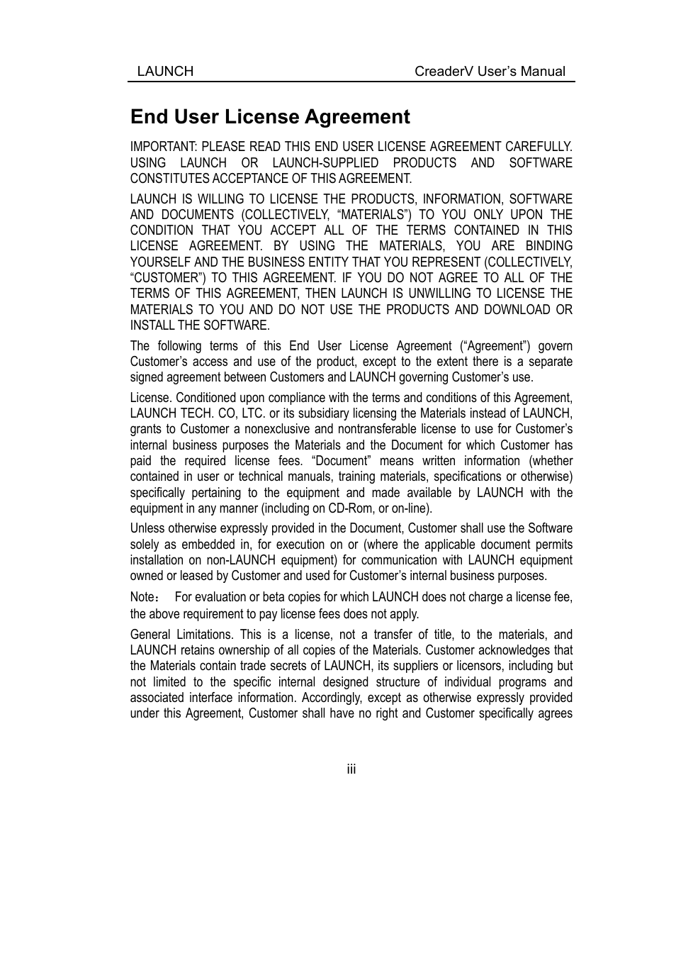 End user license agreement | ScanTool Launch CReader User Manual | Page 3 / 47