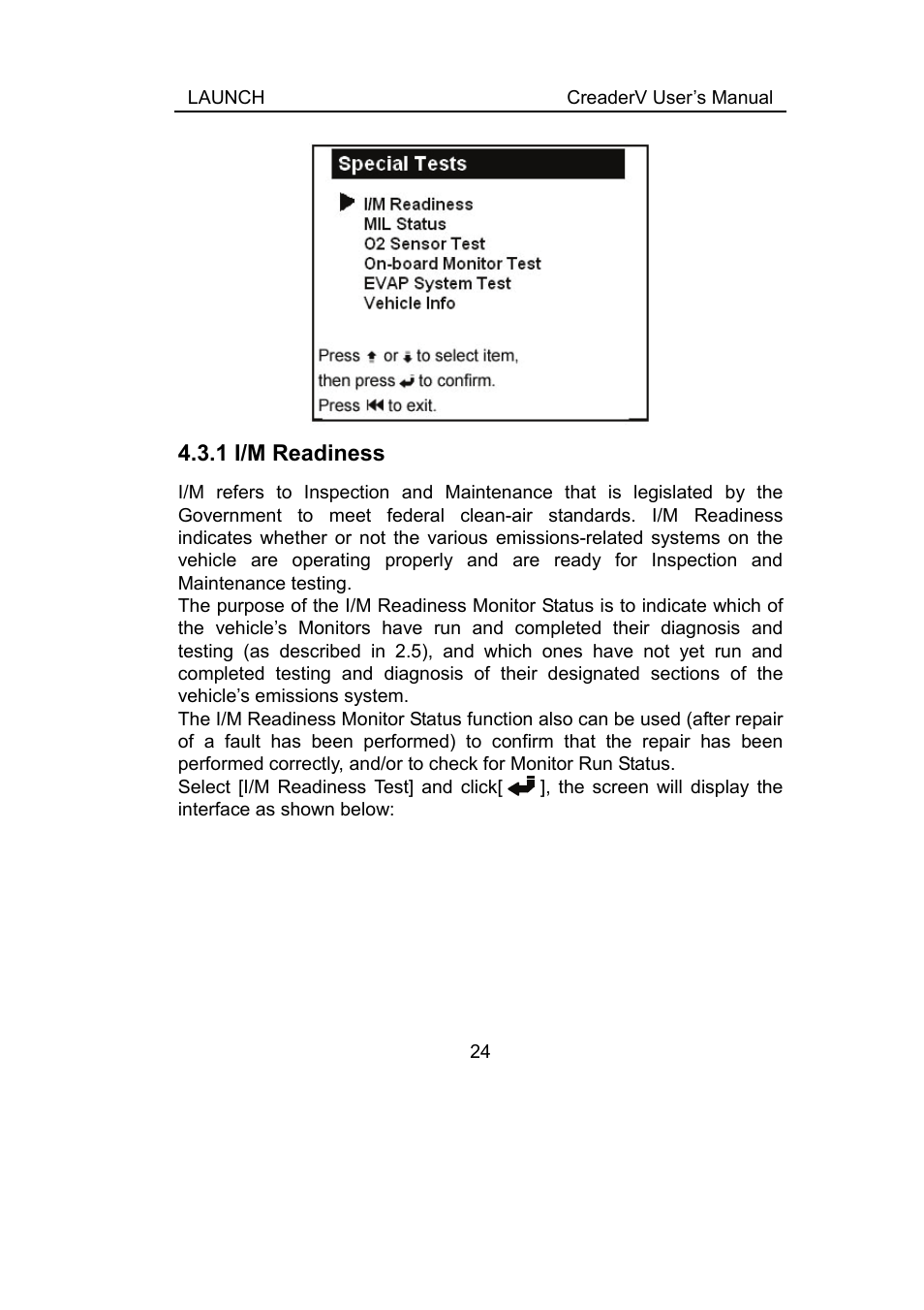 1 i/m readiness | ScanTool Launch CReader User Manual | Page 30 / 47