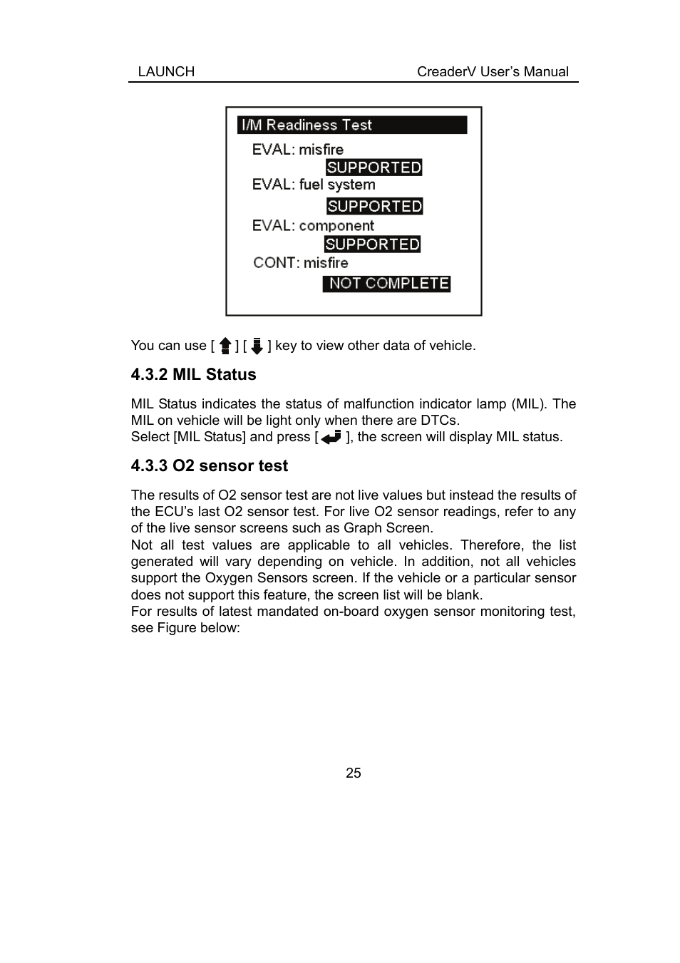 2 mil status, 3 o2 sensor test | ScanTool Launch CReader User Manual | Page 31 / 47
