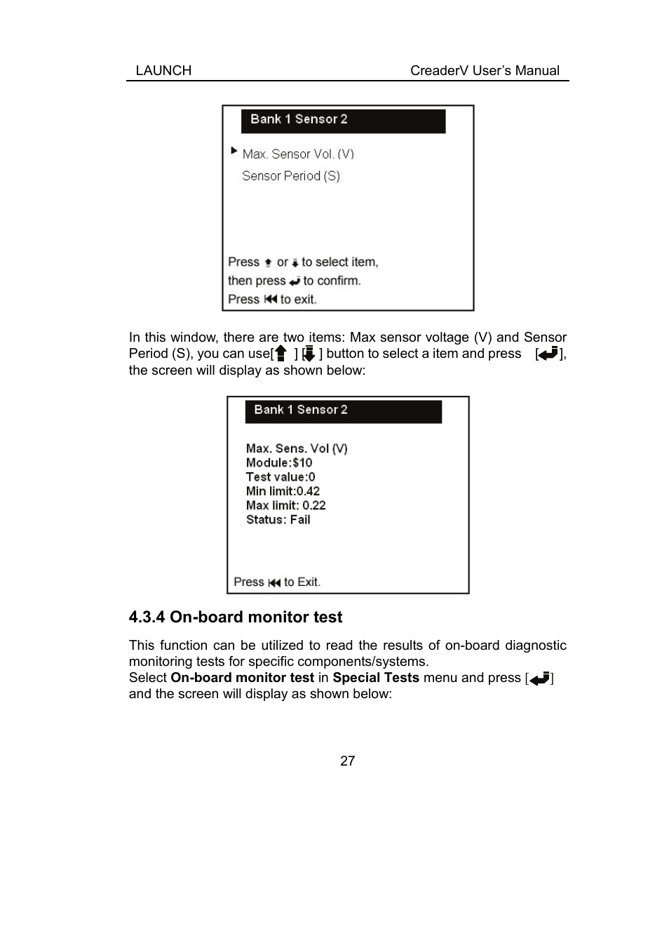 4 on-board monitor test | ScanTool Launch CReader User Manual | Page 33 / 47