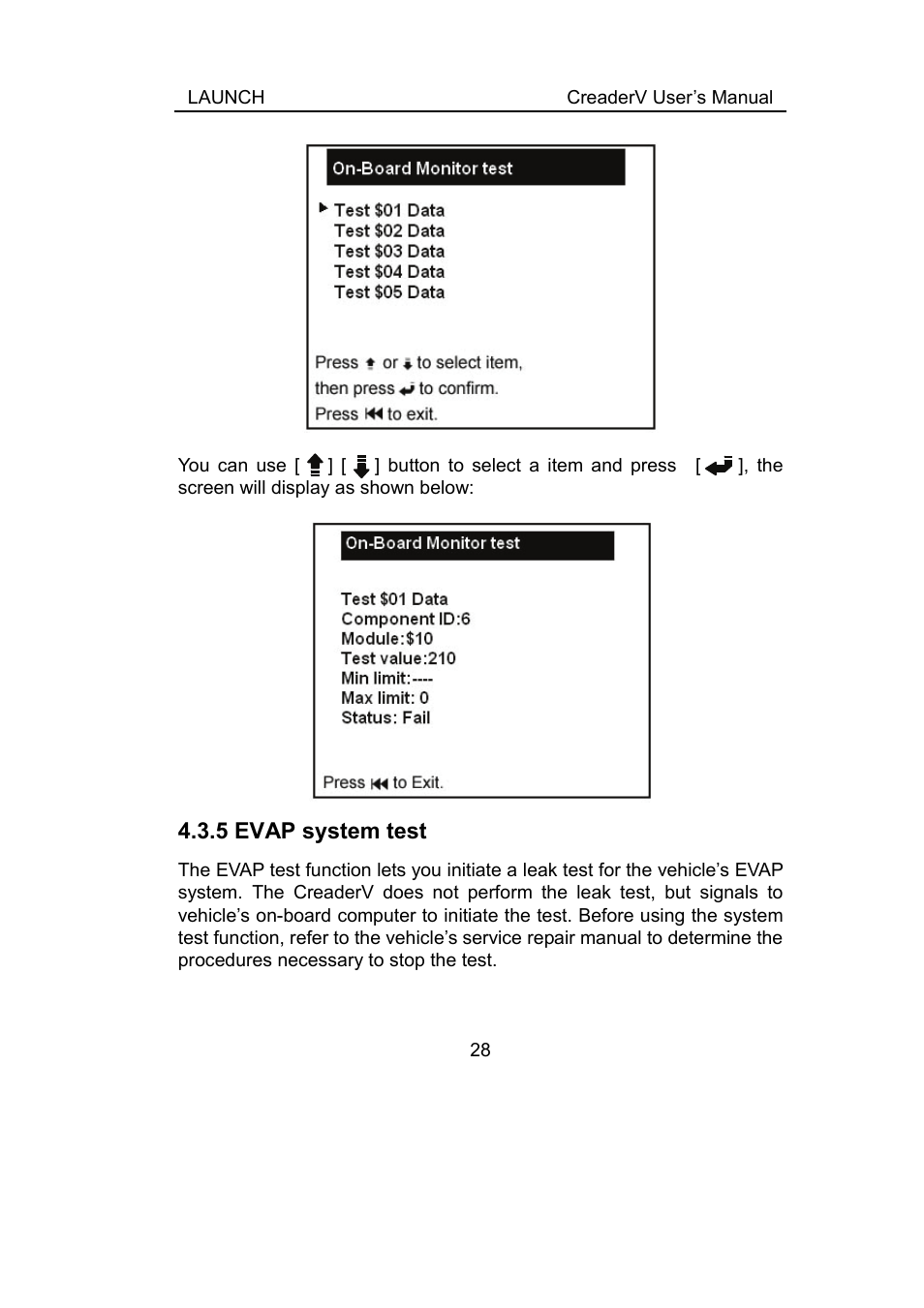 5 evap system test | ScanTool Launch CReader User Manual | Page 34 / 47