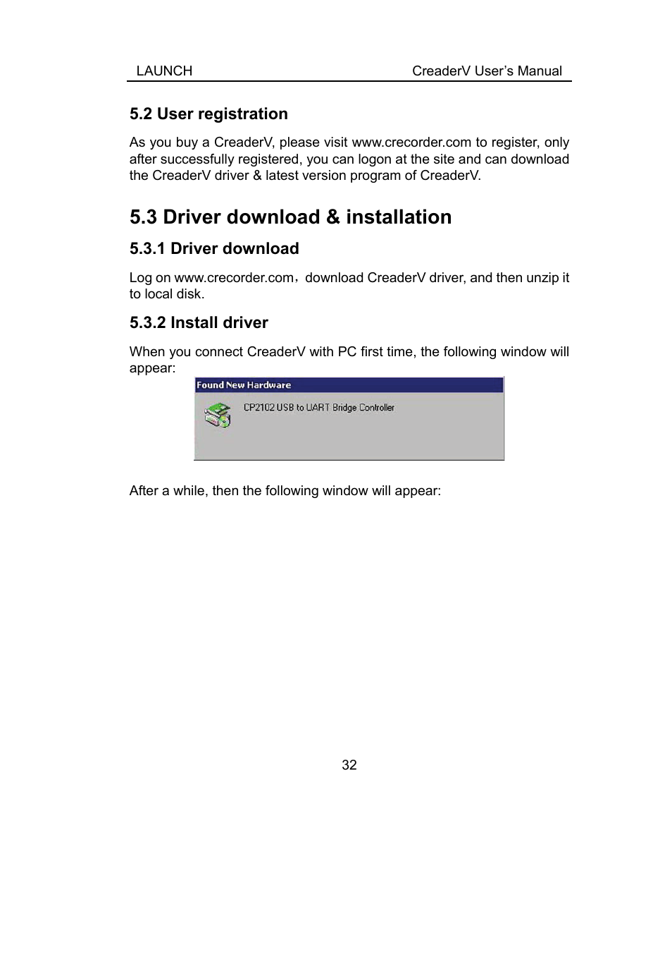 2 user registration, 3 driver download & installation, 1 driver download | 2 install driver, Ser registration, River download, Installation | ScanTool Launch CReader User Manual | Page 38 / 47