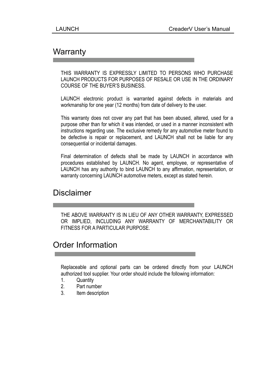 Warranty, Disclaimer, Order information | ScanTool Launch CReader User Manual | Page 46 / 47