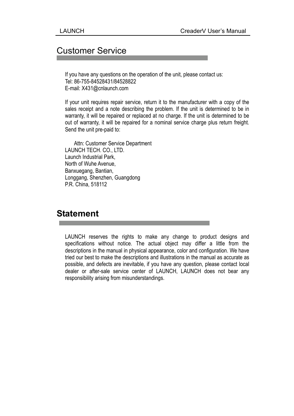 Customer service, Statement | ScanTool Launch CReader User Manual | Page 47 / 47