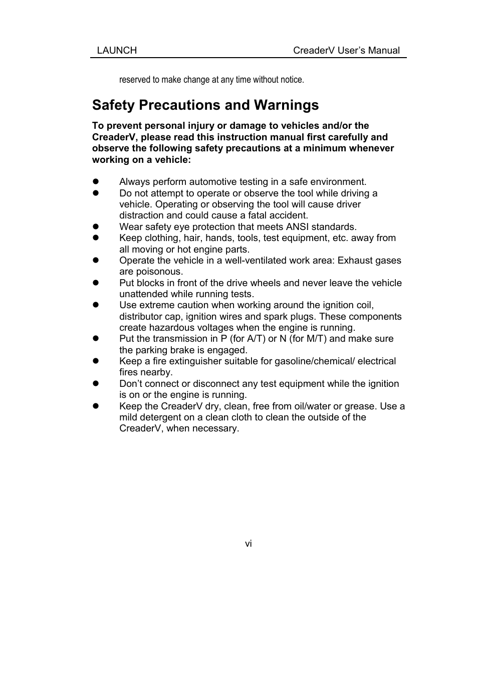 Safety precautions and warnings | ScanTool Launch CReader User Manual | Page 6 / 47