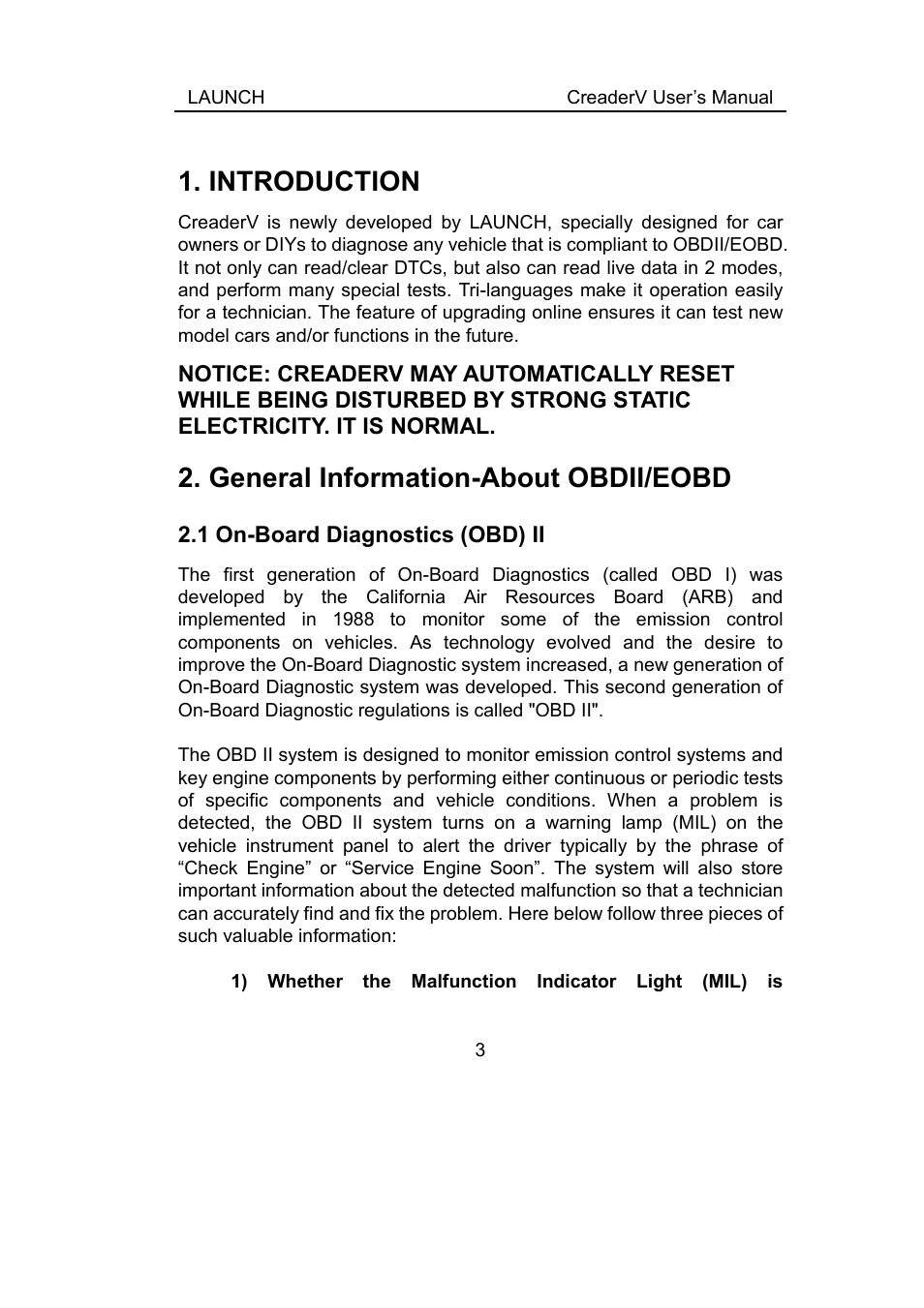 Introduction, General information-about obdii/eobd, 1 on-board diagnostics (obd) ii | Oard, Iagnostics, Obd) | ScanTool Launch CReader User Manual | Page 9 / 47