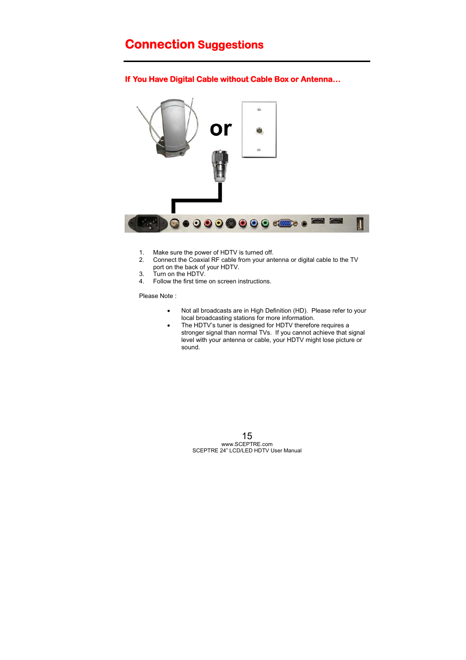 Connection, Suggestions | Sceptre X270PV-FHD User Manual | Page 15 / 53