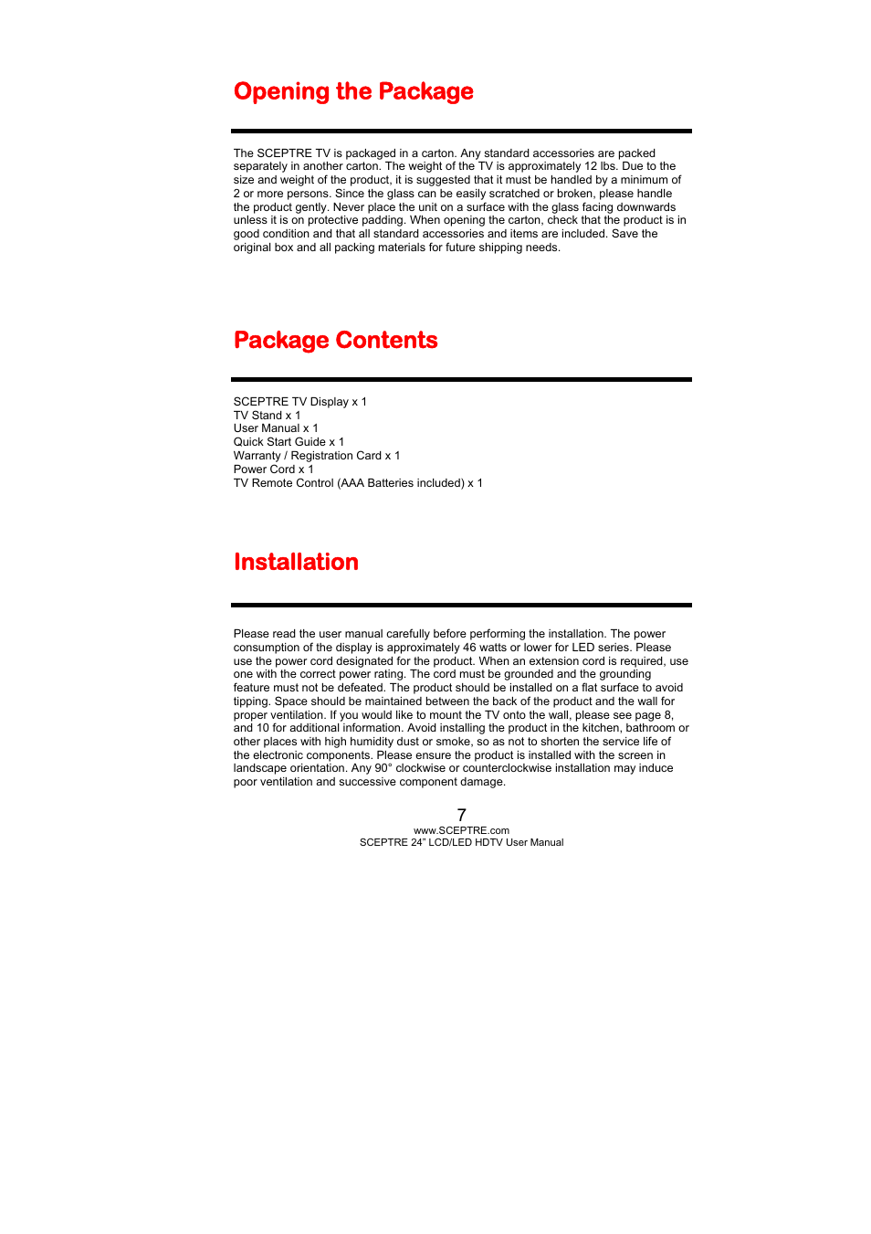 Opening the package, Package contents, Installation | Sceptre X270PV-FHD User Manual | Page 7 / 53